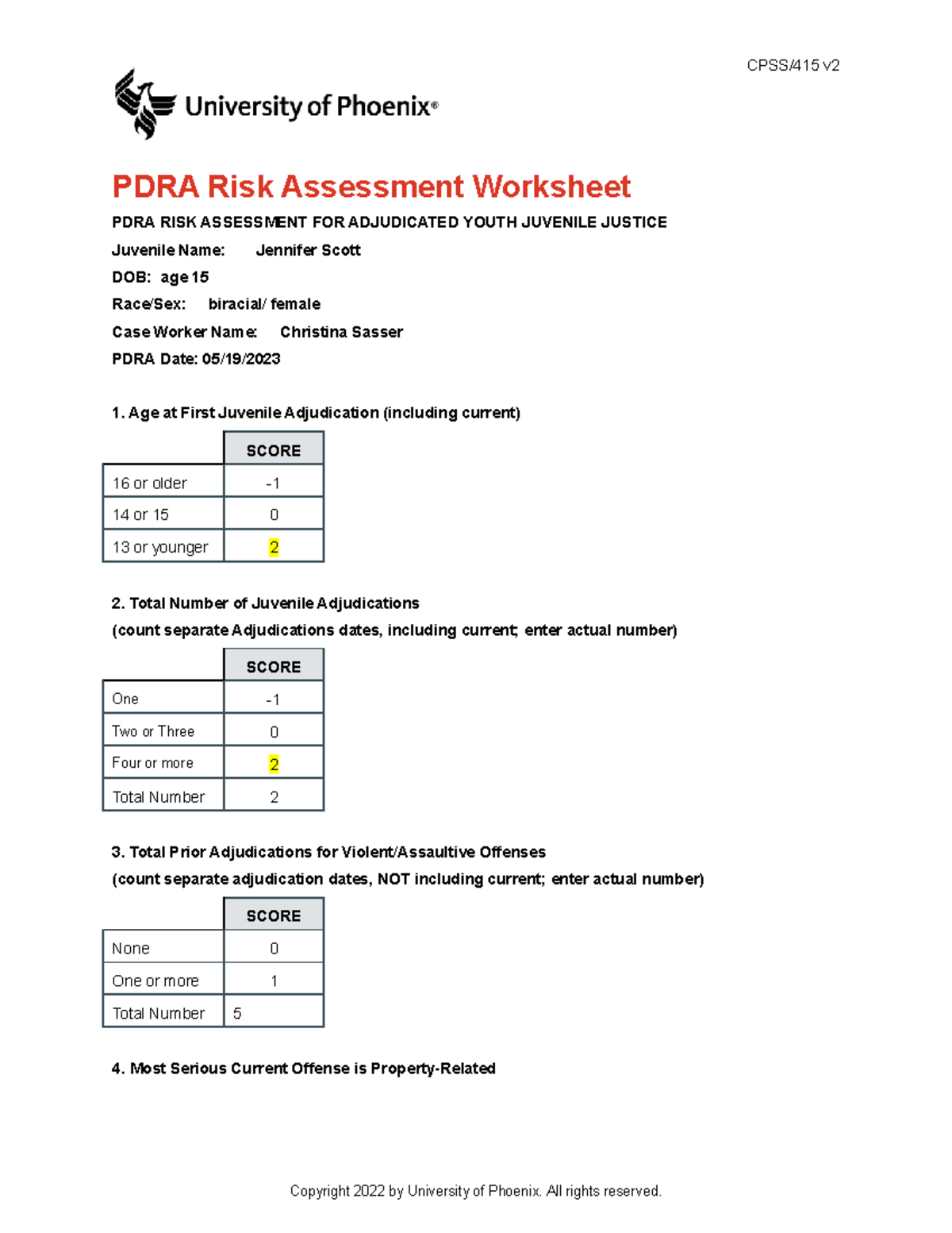 Pdra Sasser - Risk And Needs Assessment - CPSS/415 V PDRA Risk ...