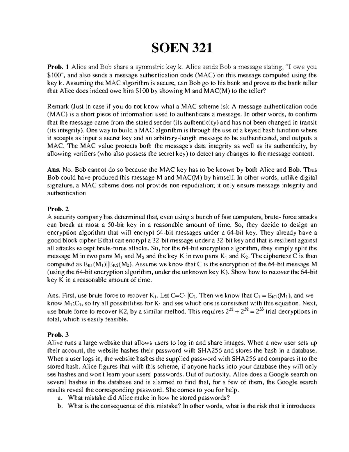Exercise 6- with sol - course document - SOEN 321 Prob. 1 Alice and Bob ...