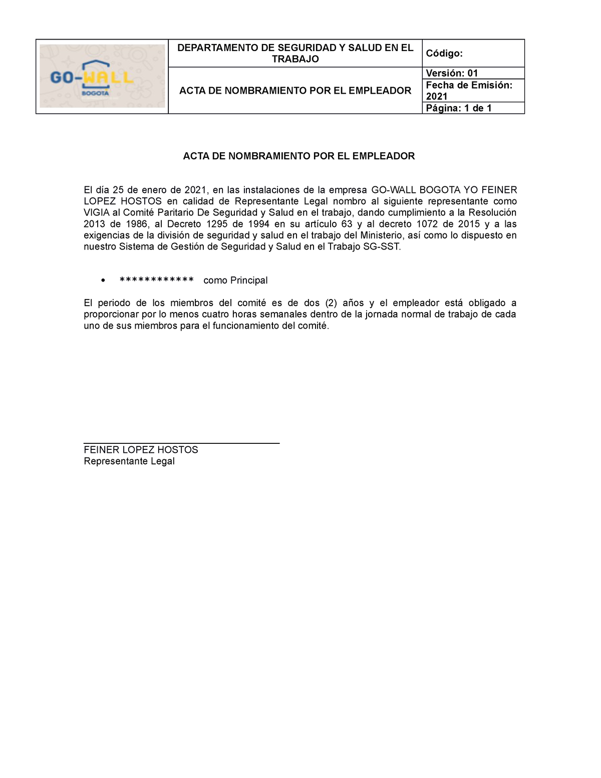 1 1 6 Acta De Nombramiento Vigia Copasst Departamento De Seguridad Y