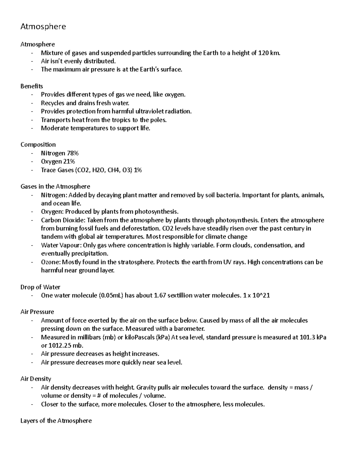 Atmosphere & Climate Midterm 1 Notes - Atmosphere Atmosphere - Mixture ...