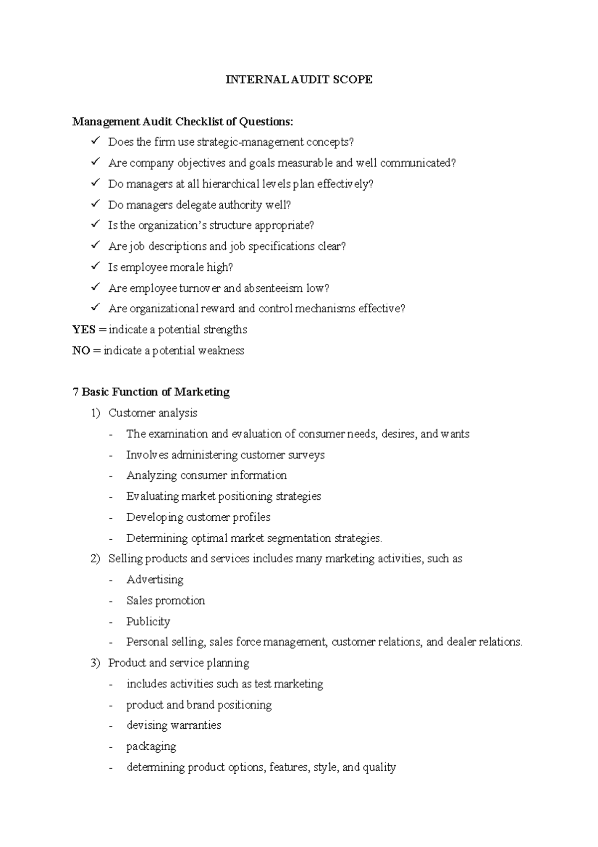 Internal Audit Scope - INTERNAL AUDIT SCOPE Management Audit Checklist