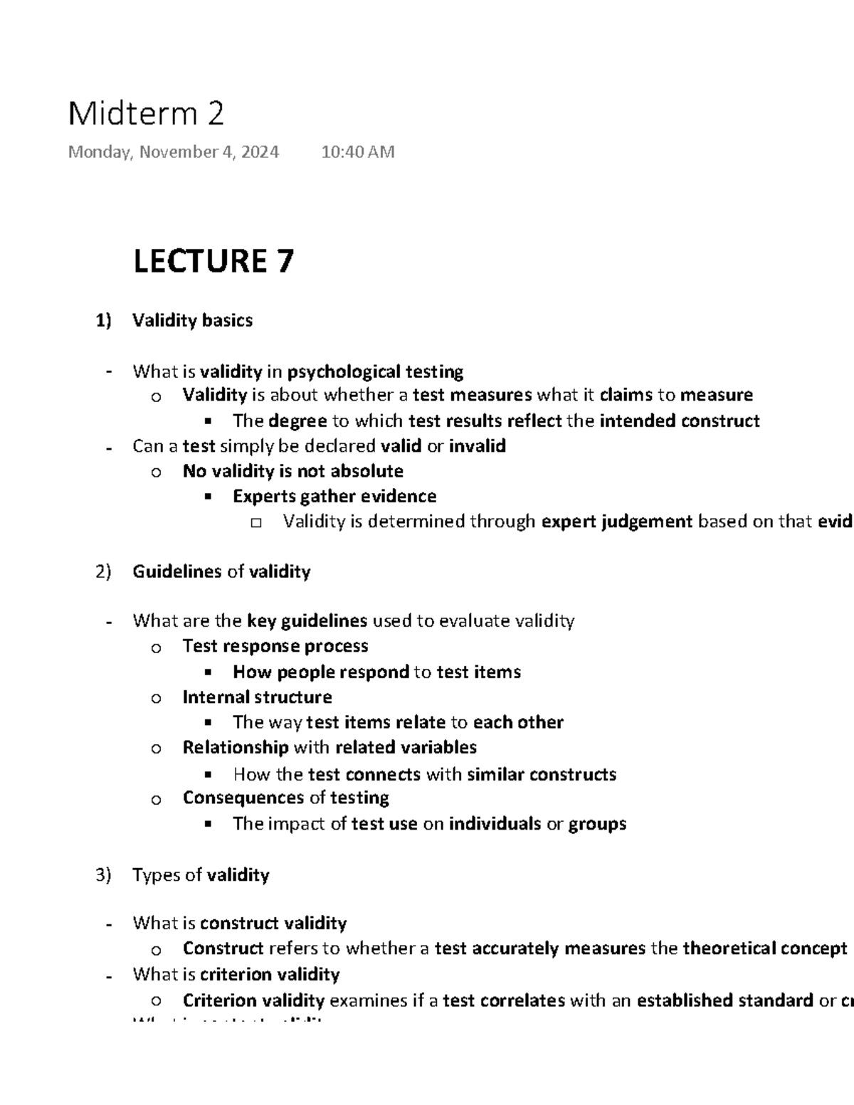 Midterm 2 - Summary Intro to Test and Measurement - LECTURE 7 Validity ...