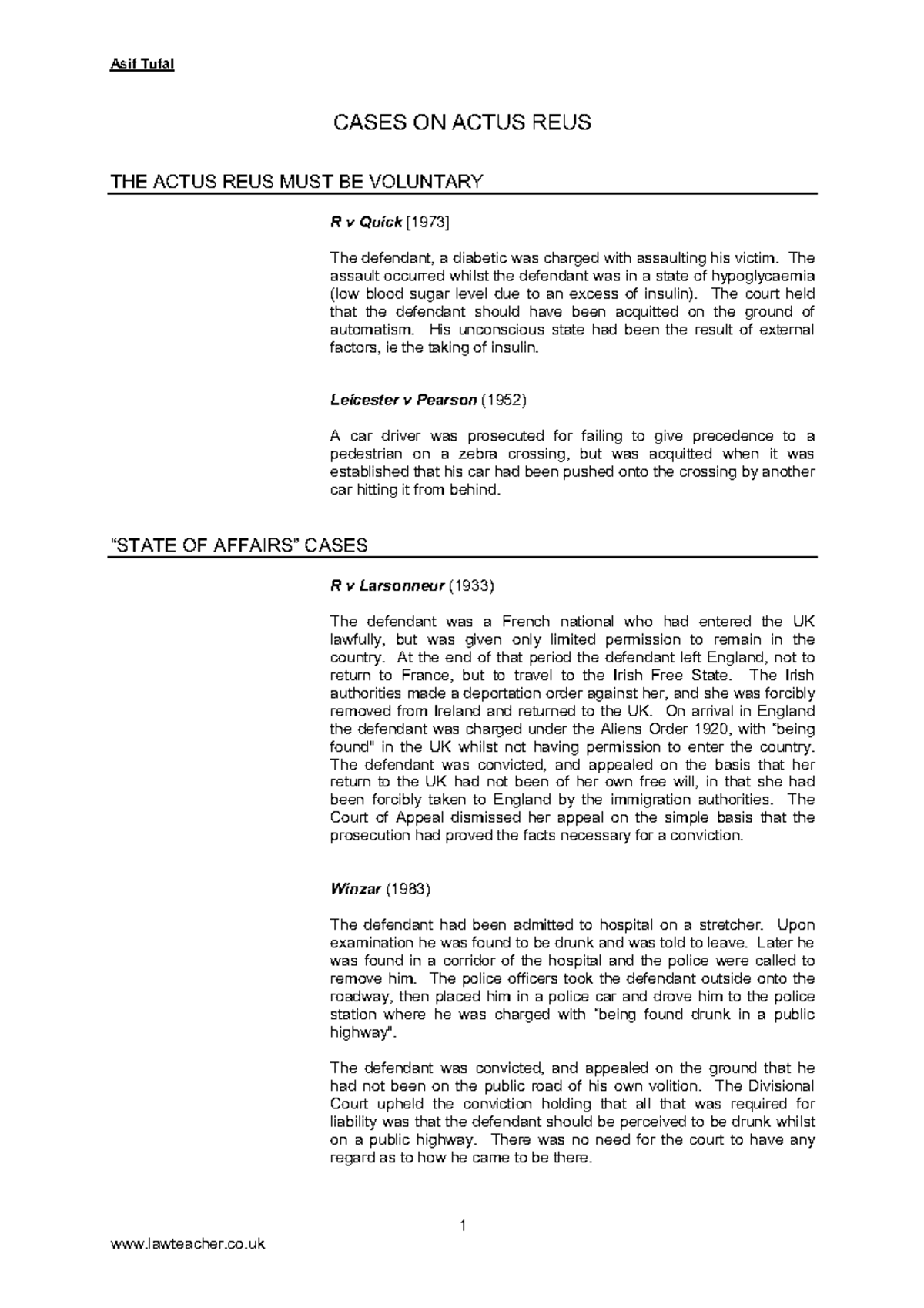 Actus Reus Cases Summary BACHELOR OF LAW VLI 7XIDO ZZZ ODZWHDFKHU