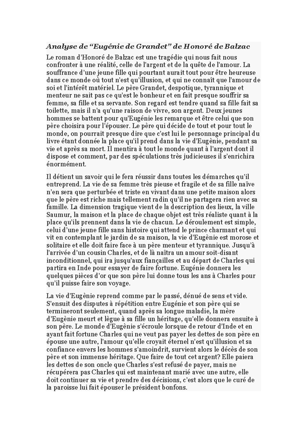Eugénie Grandet-Analyse - Analyse de “Eugénie de Grandet” de Honoré de