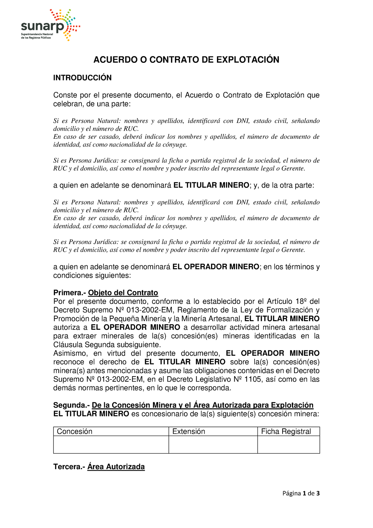 Modelo de acuerdo o contrato de explotación Sunarp - P·gina 1 de 3 ACUERDO  O CONTRATO DE EXPLOTACIÓN - Studocu