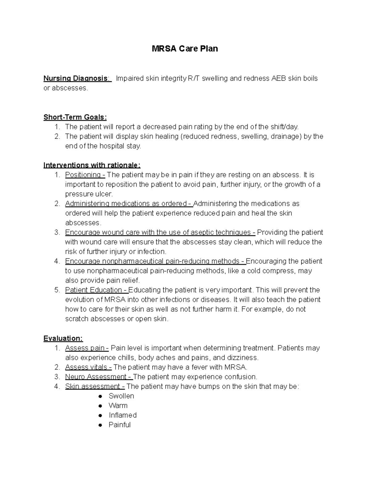 MRSA Care Plan - Example care plan for a patient with MRSA - MRSA Care ...