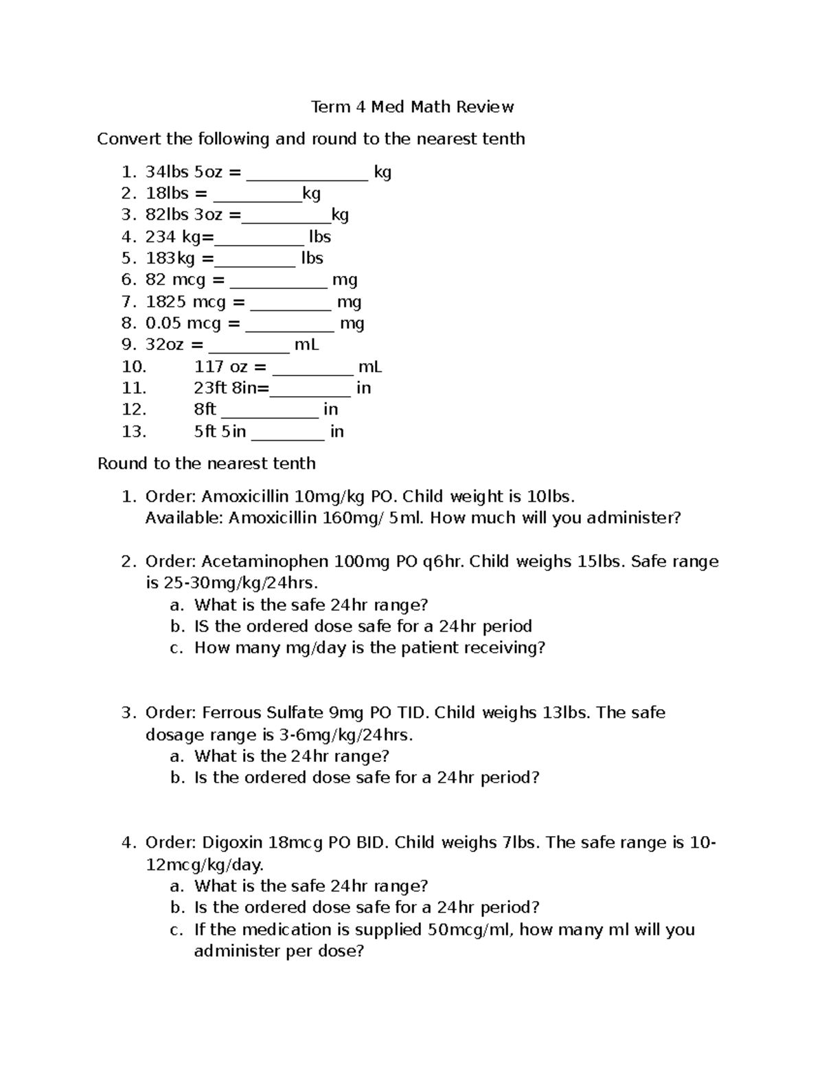Term 4 Med Math Review - Math - Term 4 Med Math Review Convert the ...