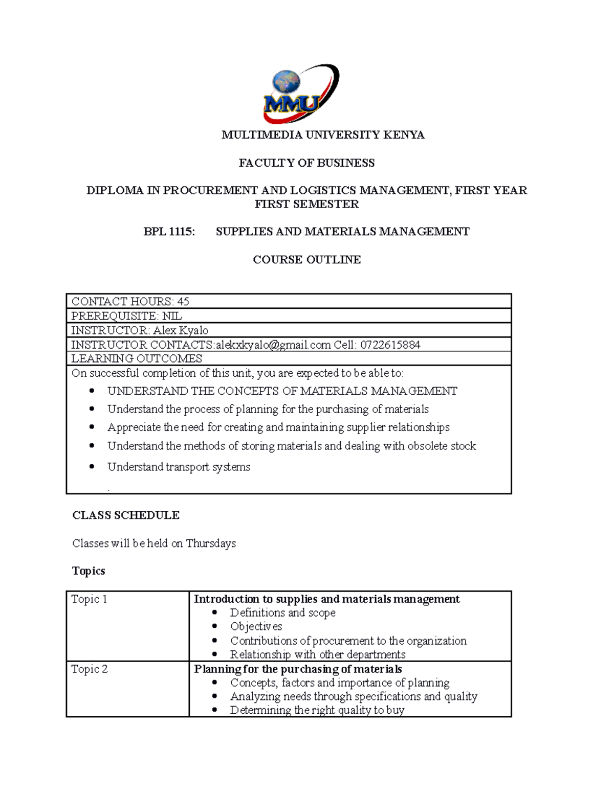 Supplies AND Materials Management MULTIMEDIA UNIVERSITY KENYA FACULTY