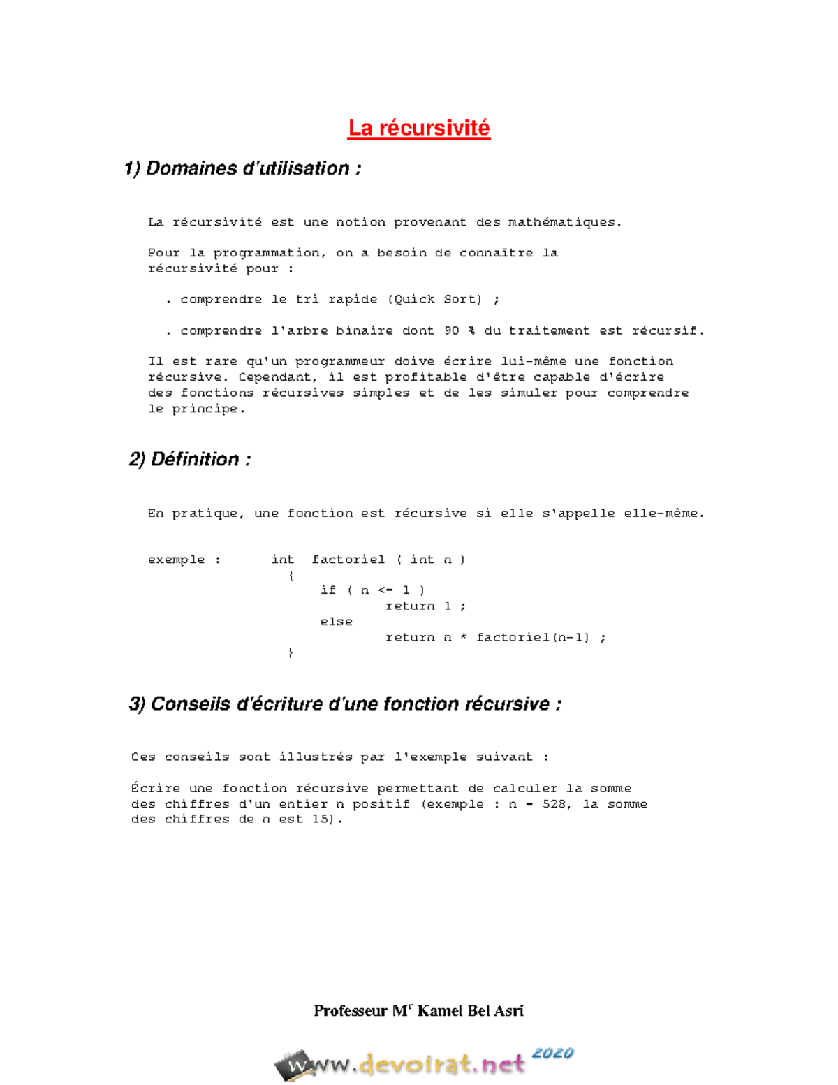 Cours - Algorithmique - Récursivité - Bac Informatique (2019-2020) Mr ...
