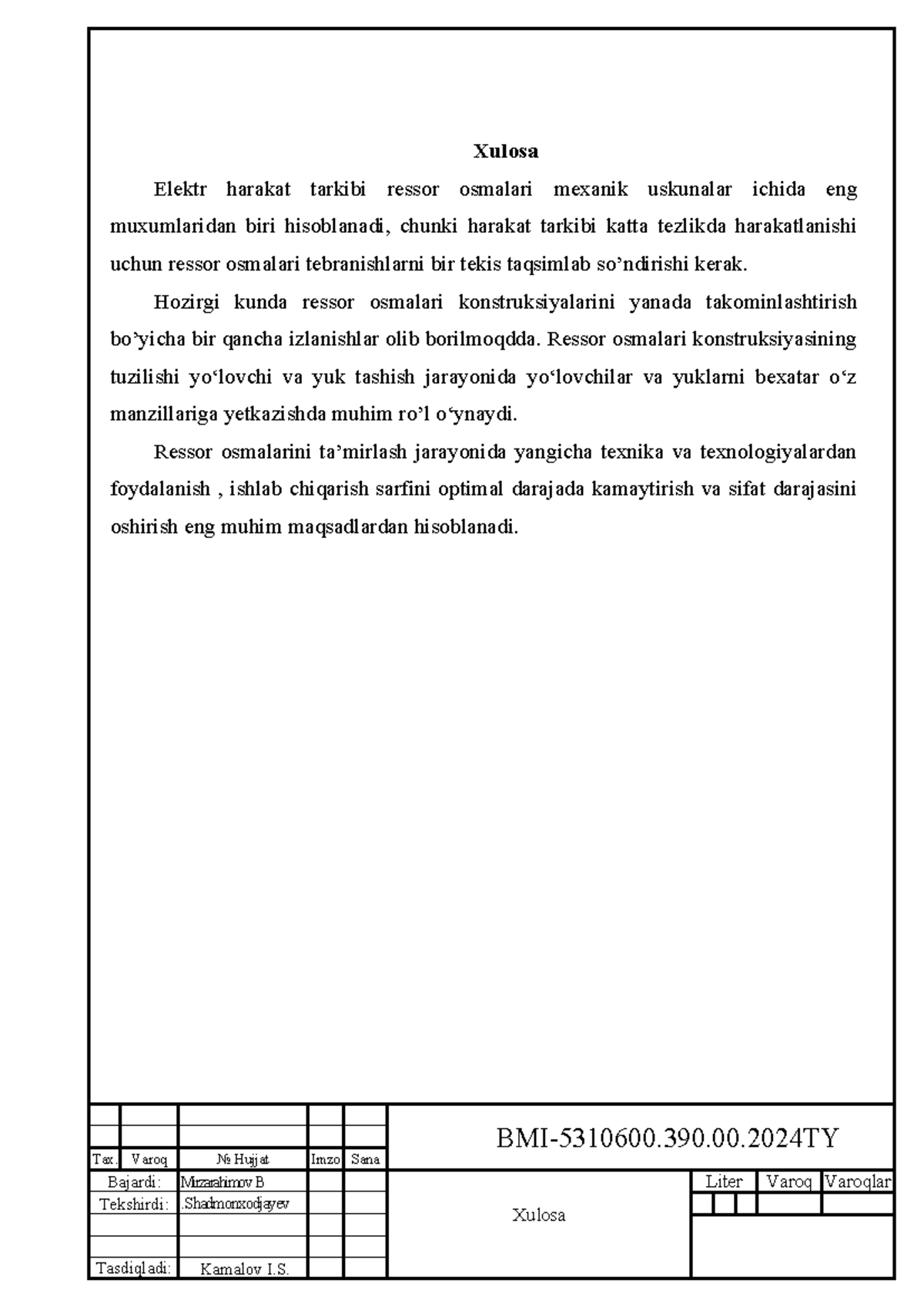 Boburmirzo mundarija, xulosa, referat t12 - Xulosa Elektr harakat ...