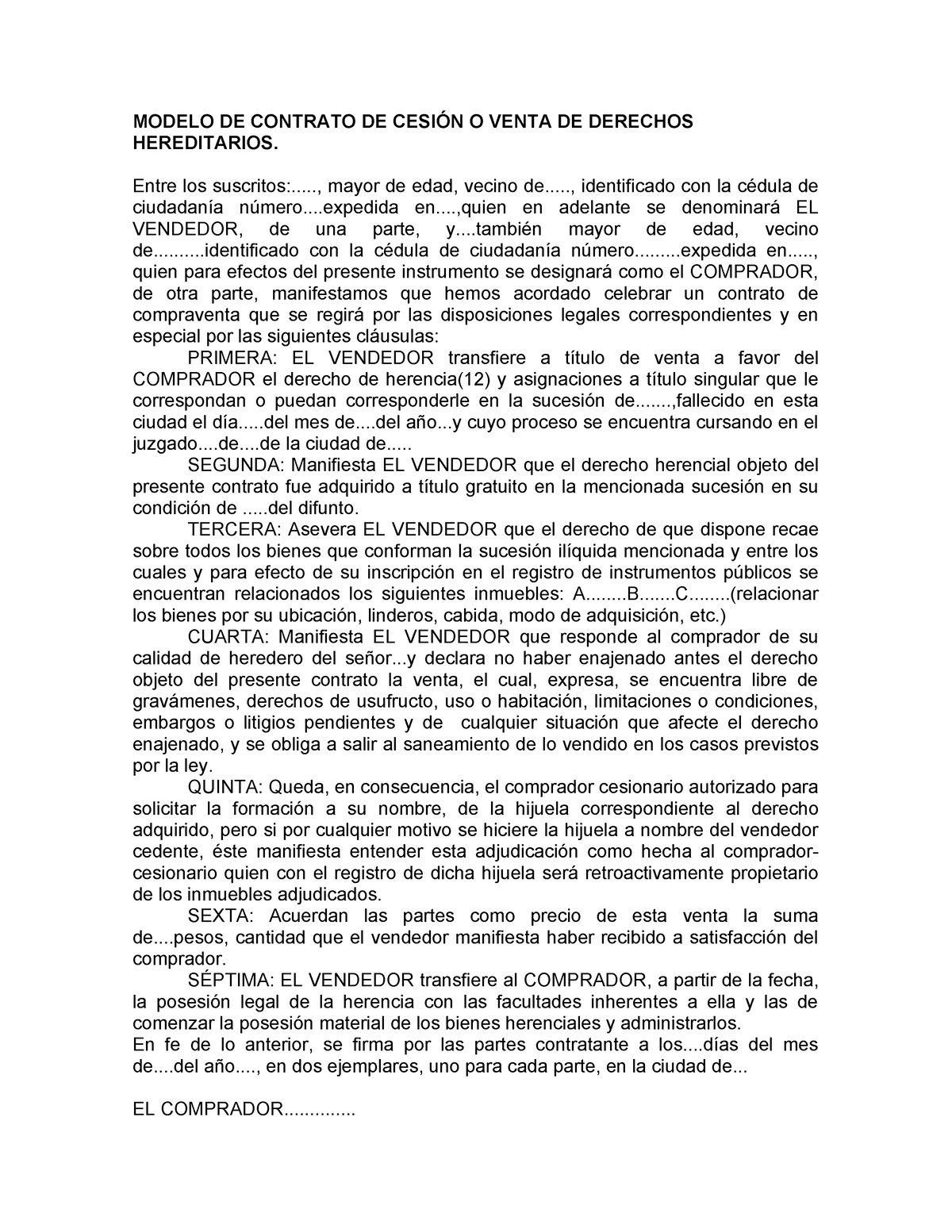 Modelo DE Contrato DE Cesión O Venta DE Derechos Hereditarios - MODELO ...