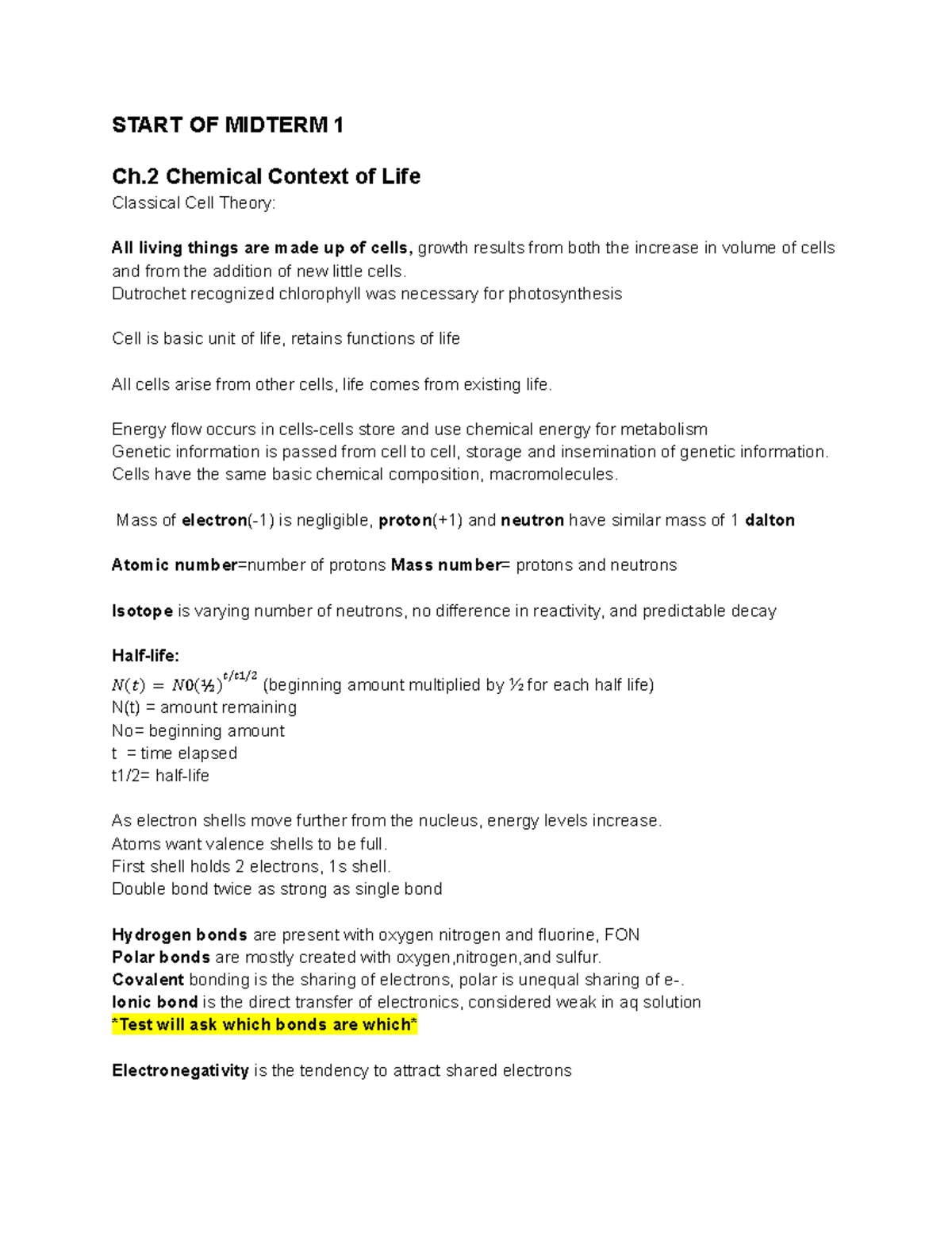 BIOL005A ch1-9 Notes - START OF MIDTERM 1 Ch Chemical Context of Life ...