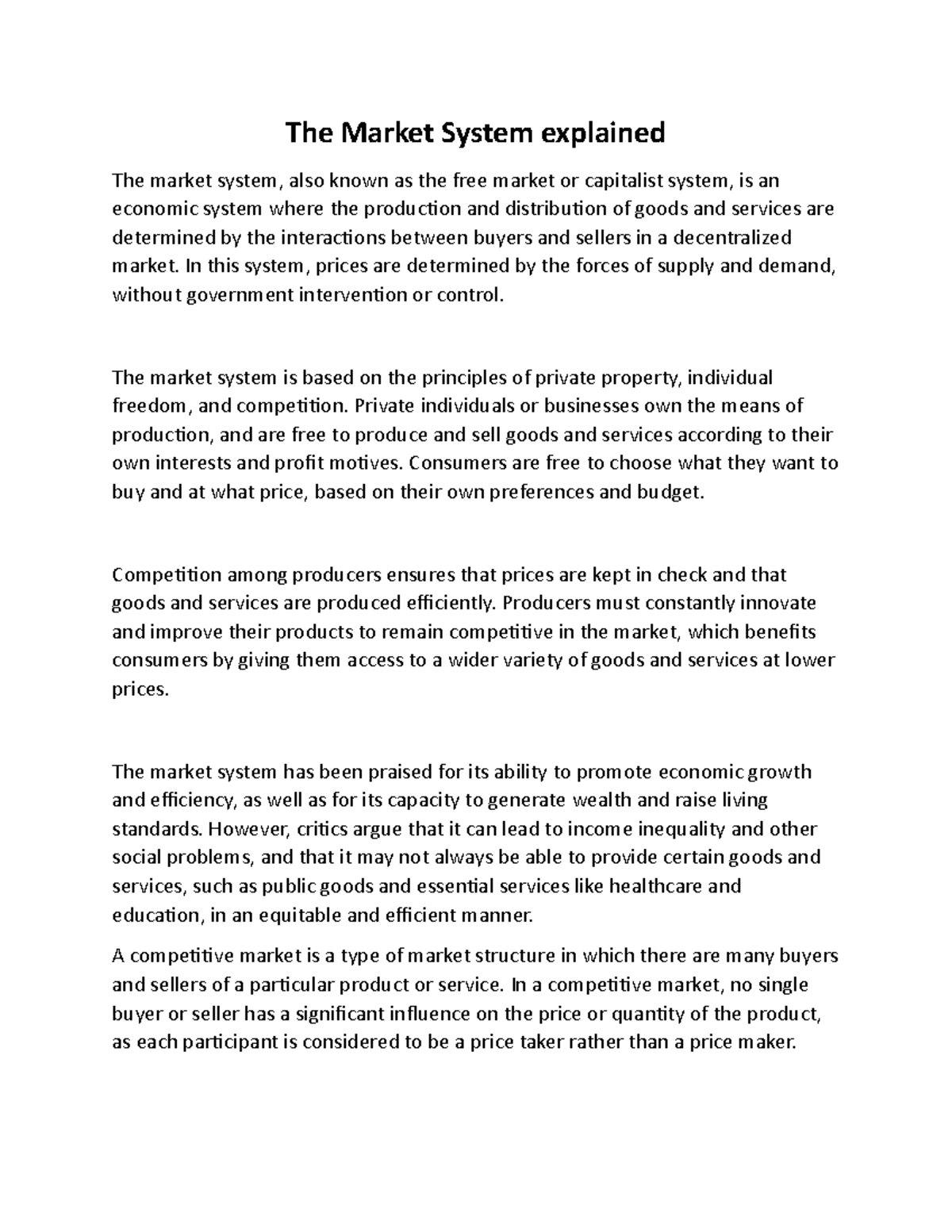 The Market System explained - In this system, prices are determined by ...