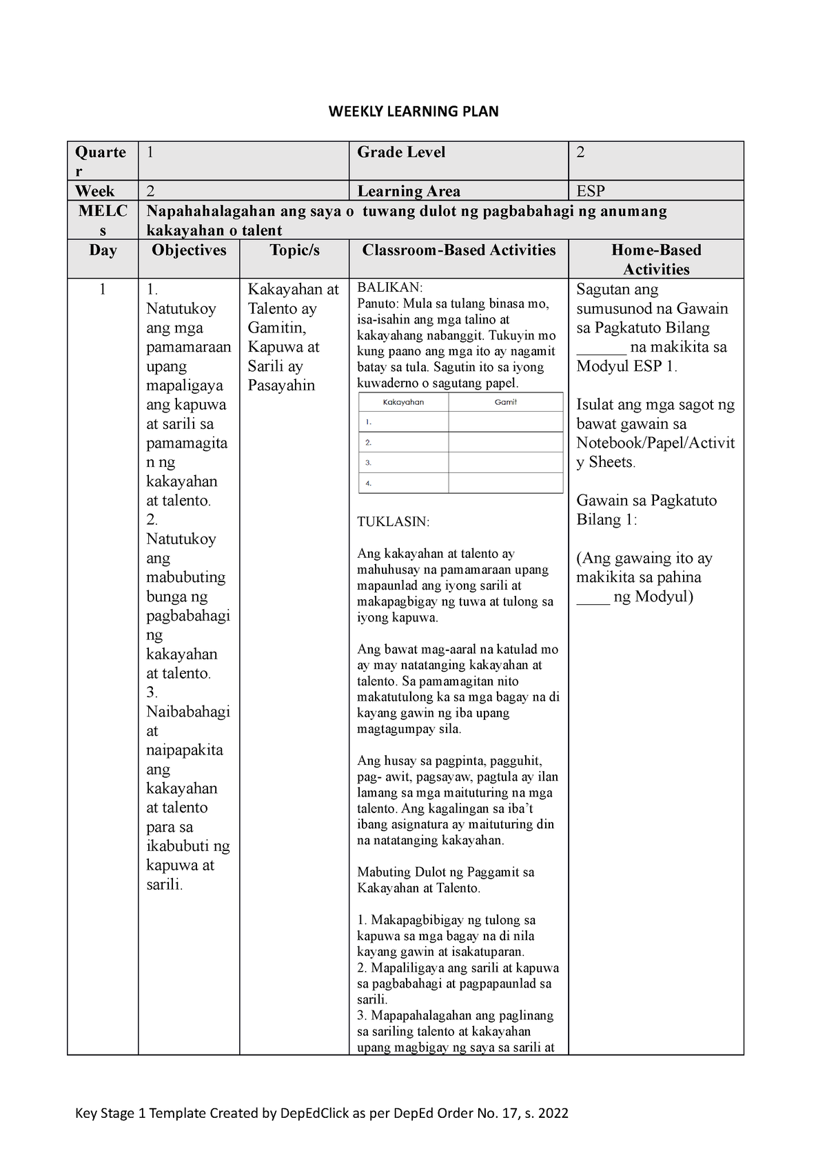 WLP Q1 W2 G2 - Take Notes - WEEKLY LEARNING PLAN Quarte R 1 Grade Level ...