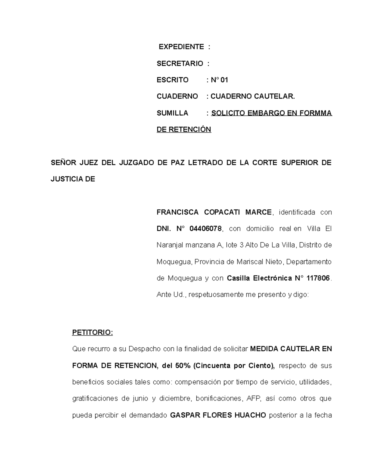 Embargo EN Forma DE Retención - EXPEDIENTE : SECRETARIO : ESCRITO : N ...