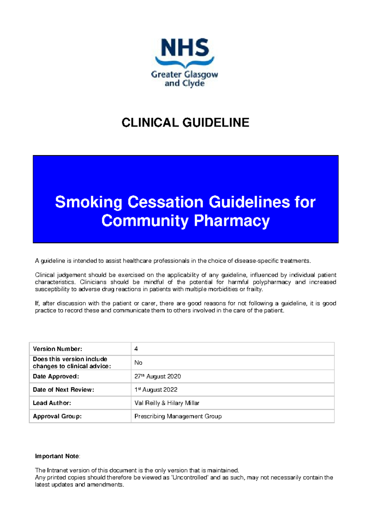 Smoking Cessation Guidelines for Community Pharmacy 2022 CLINICAL