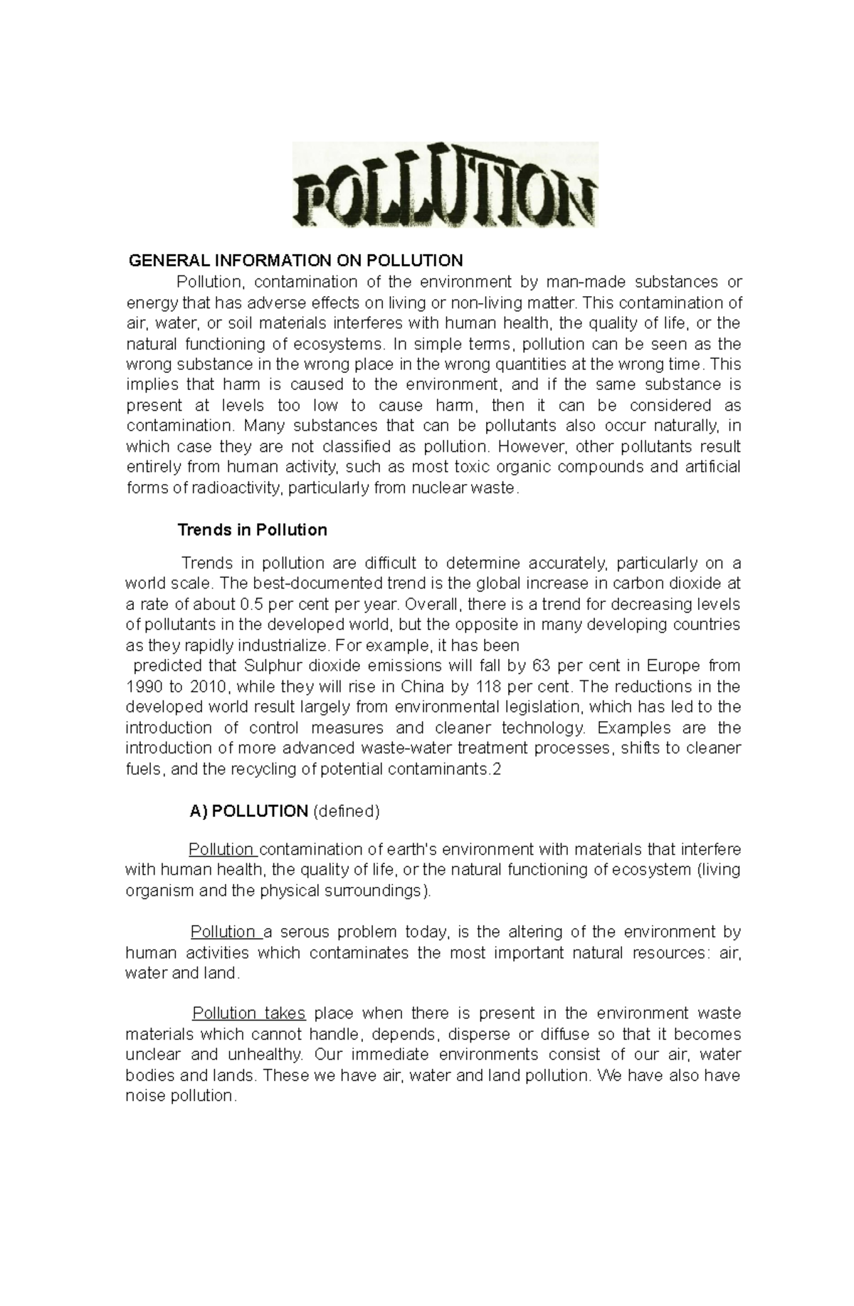 Environmental Science - GENERAL INFORMATION ON POLLUTION Pollution ...