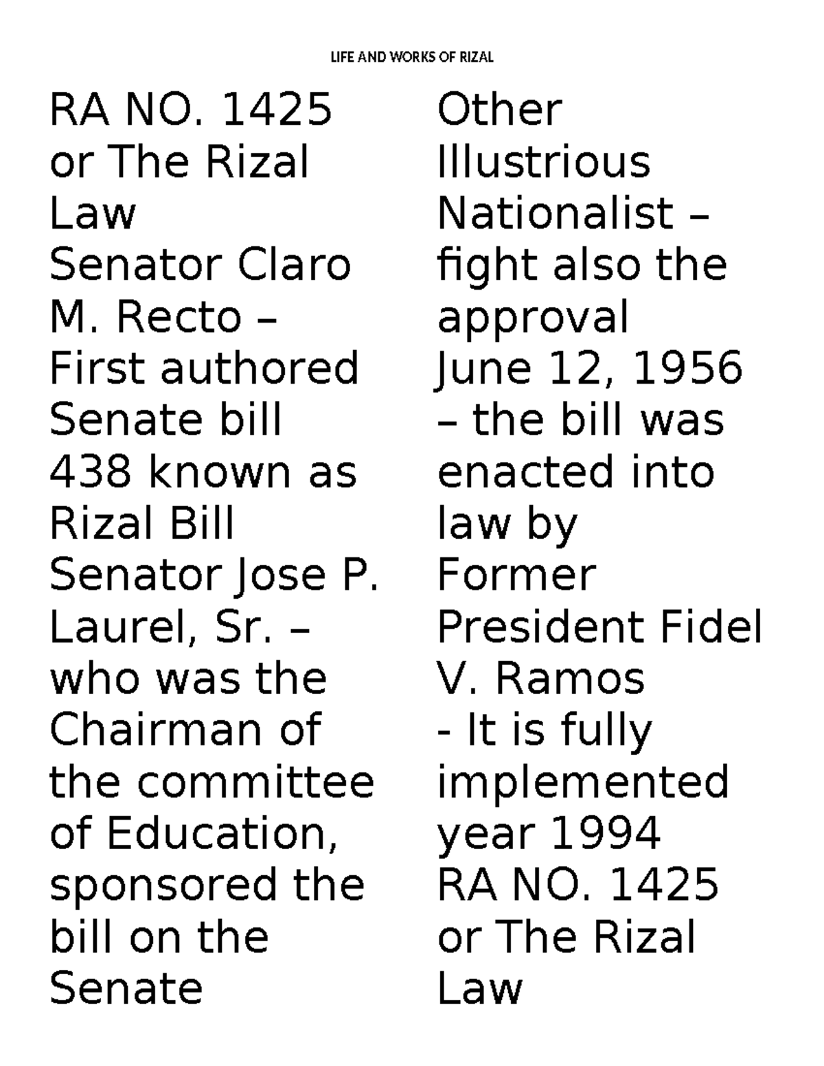 Rizal 1 - RA NO. 1425 or The Rizal Law Senator Claro M. Recto – First ...