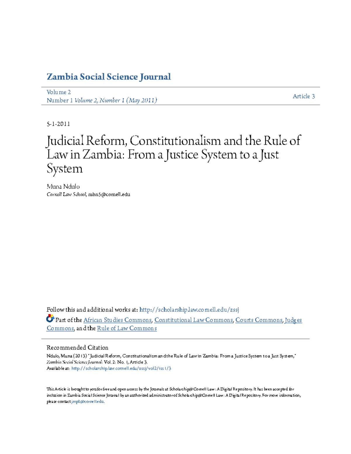 Judicial Reform Constitutionalism and the Rule of Law in Zambia