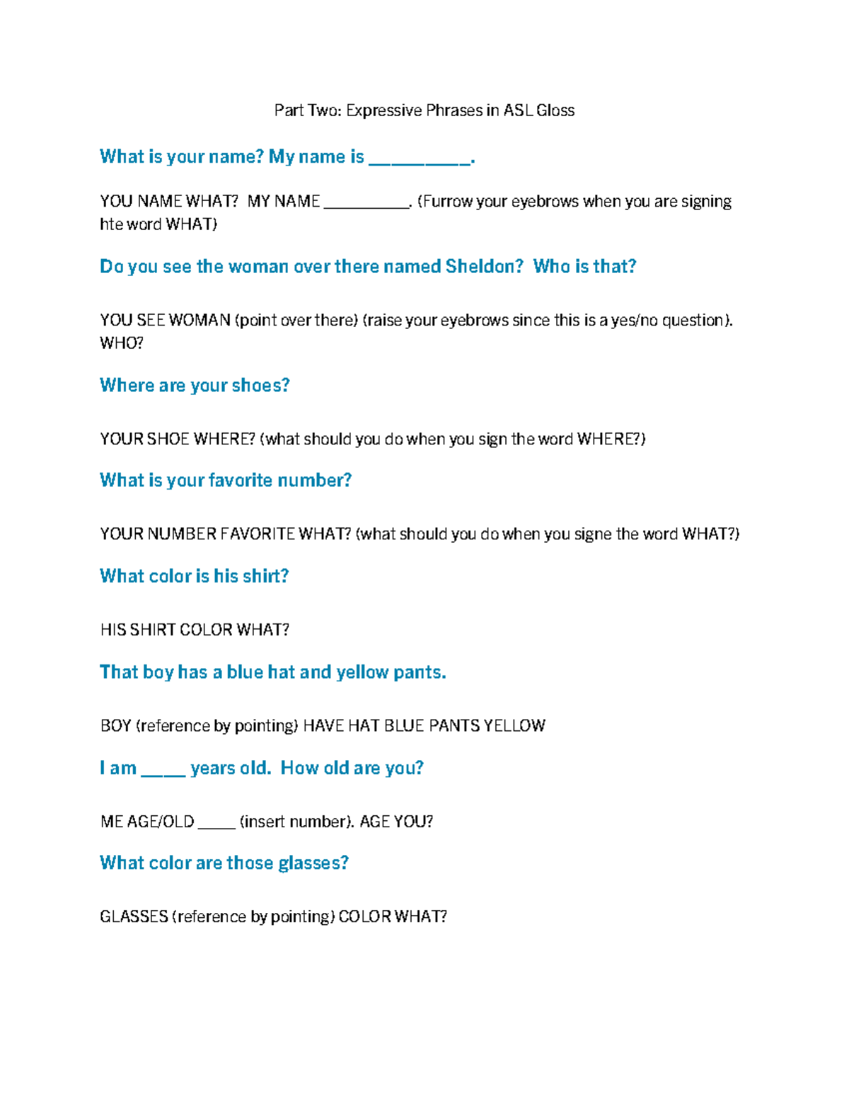 Part Two Expressive Phrases ASL Gloss Answers - Part Two: Expressive ...