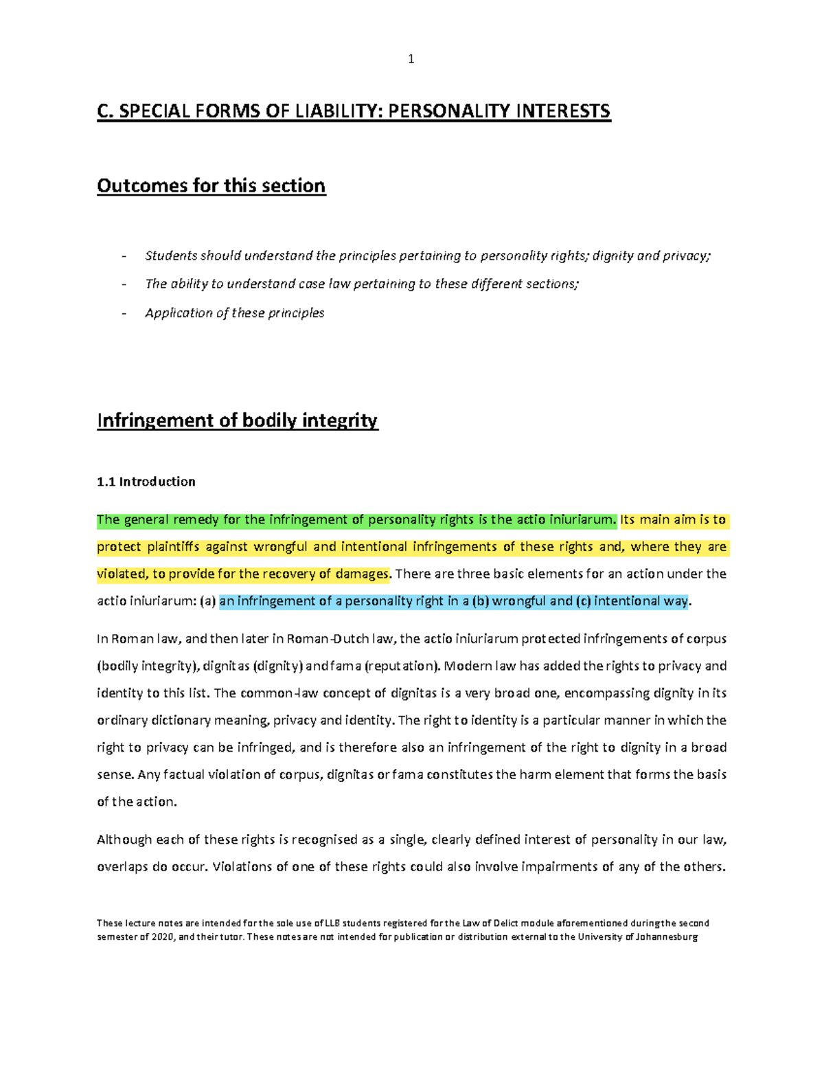 Law Of Delict Notes - Ensure You Use It In Conjunction With The Lecture ...