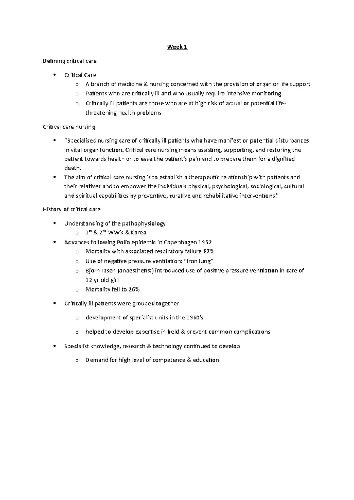 Nursing Crit Care 1-5 - Lecture notes week 1-5 - Week 1 Defining ...