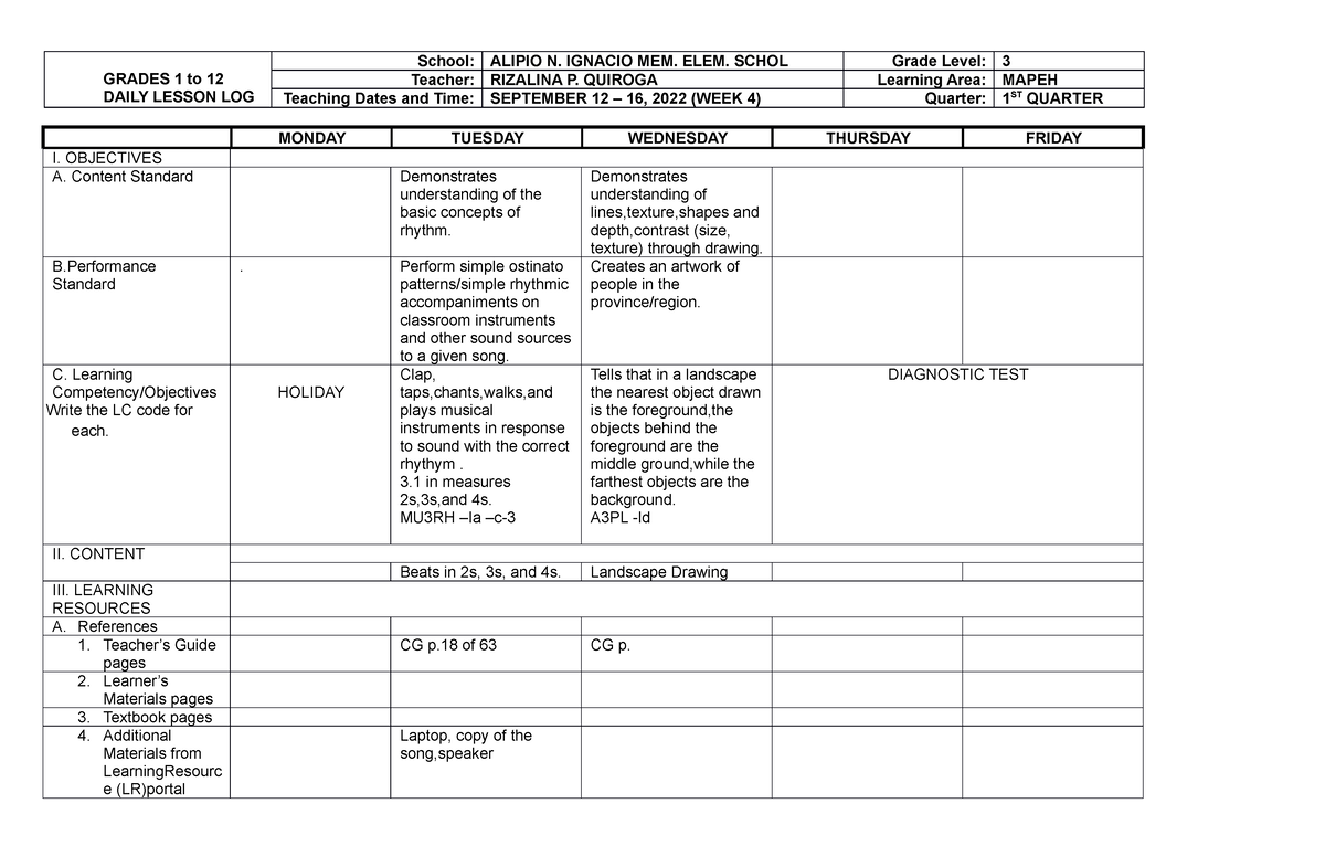 DLL Mapeh 3 Q1 W4 - Xxxx - GRADES 1 To 12 DAILY LESSON LOG School ...