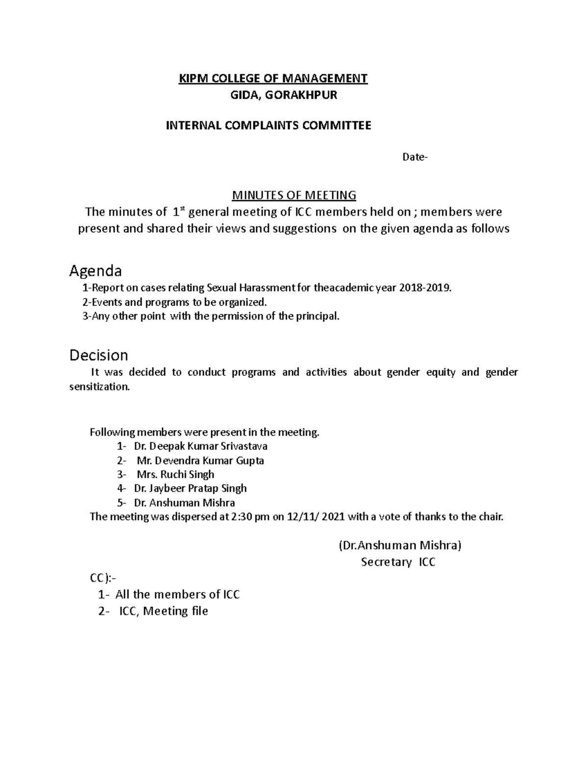 Icc2 - KIPM COLLEGE OF MANAGEMENT GIDA, GORAKHPUR INTERNAL COMPLAINTS ...