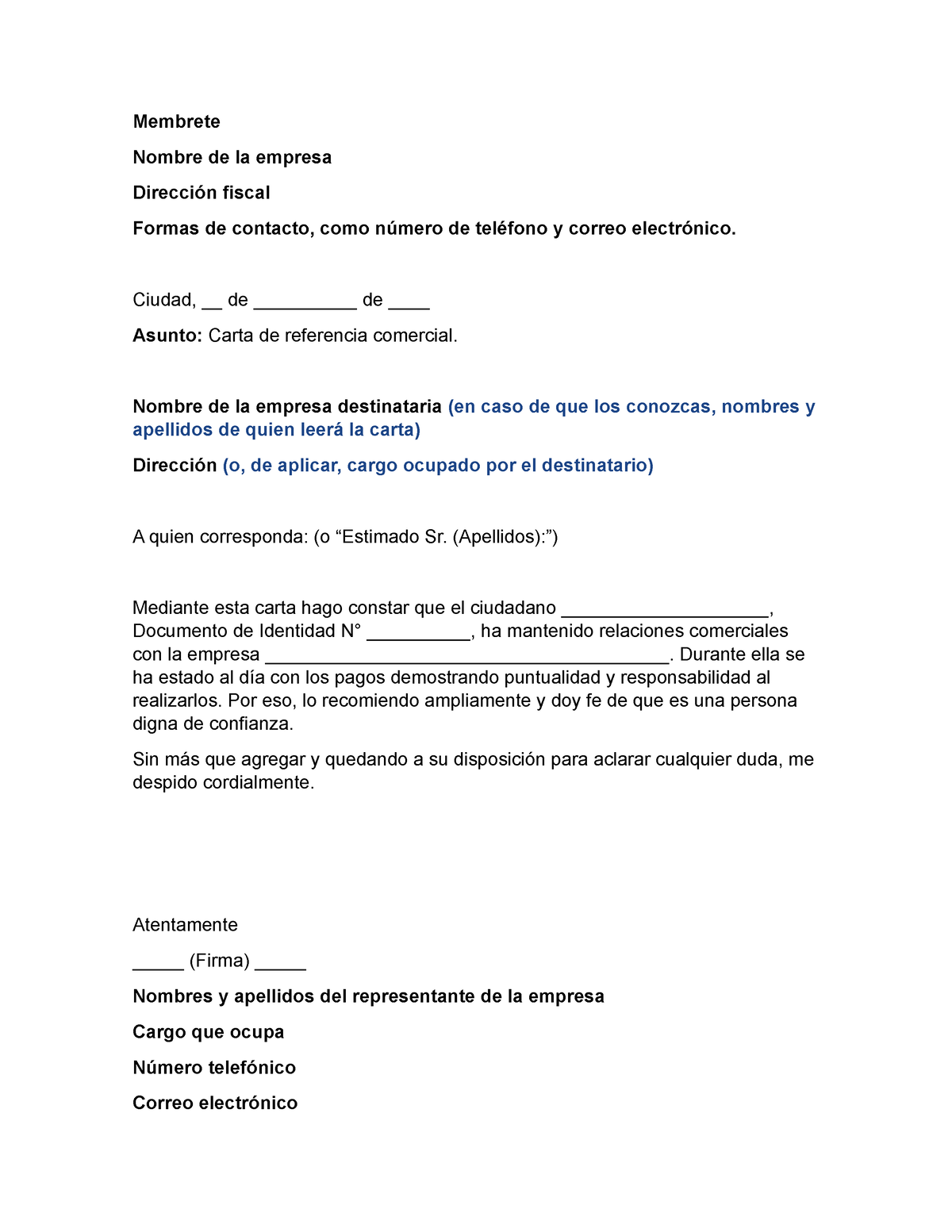 Carta de referencia comercial - Membrete Nombre de la empresa Dirección  fiscal Formas de contacto, - Studocu