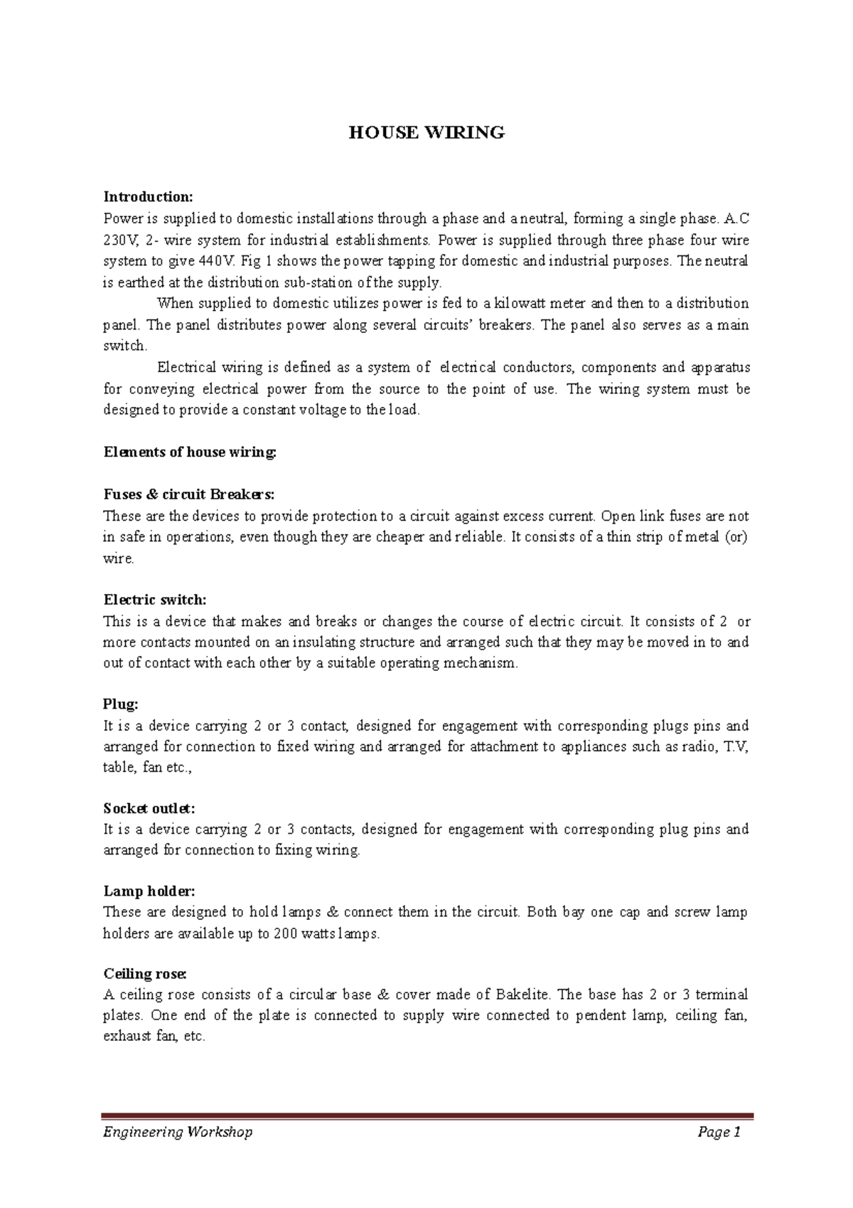 Unit 6 House Wiring Engineering Page 1 HOUSE WIRING