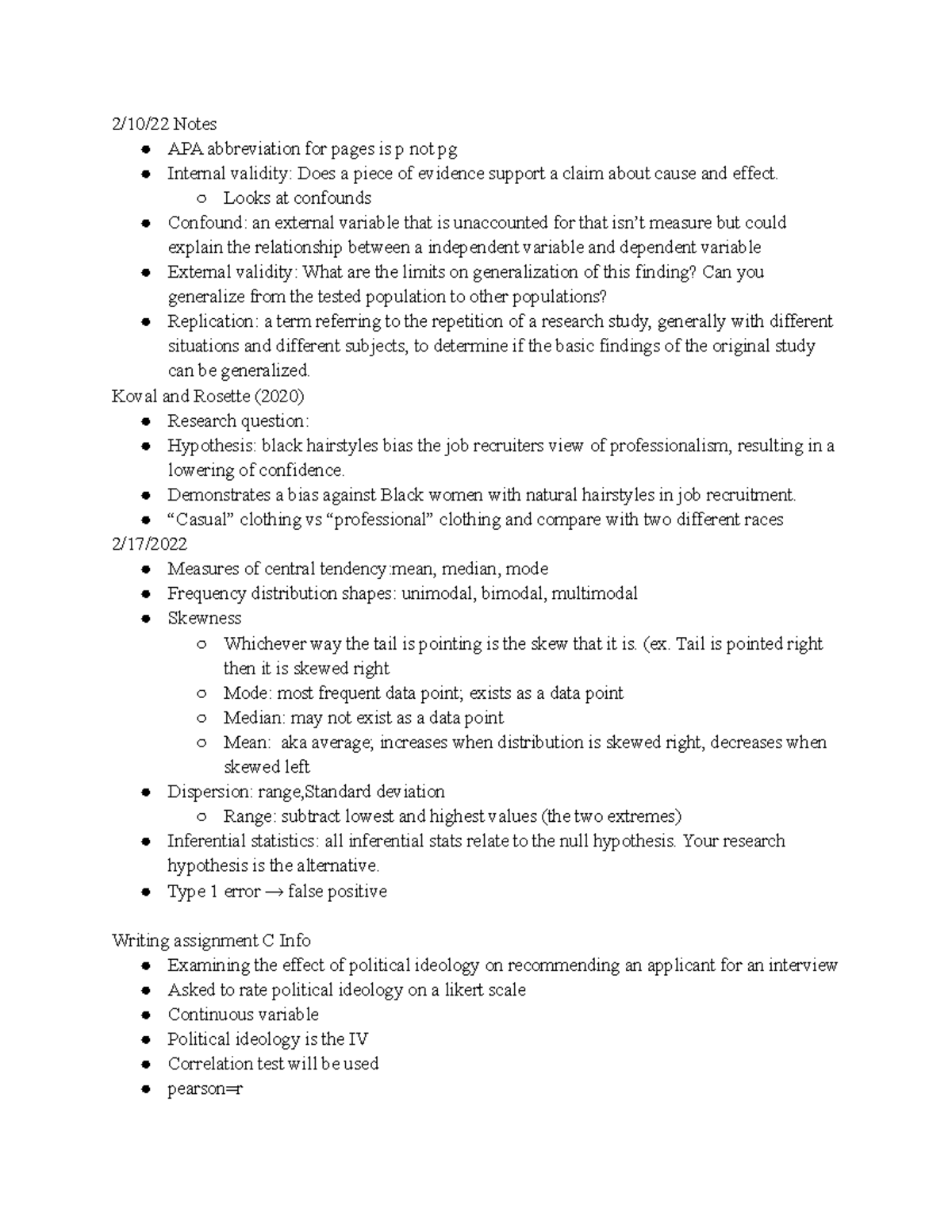 Psych 303 notes 2/10/22 Notes APA abbreviation for pages is p not pg