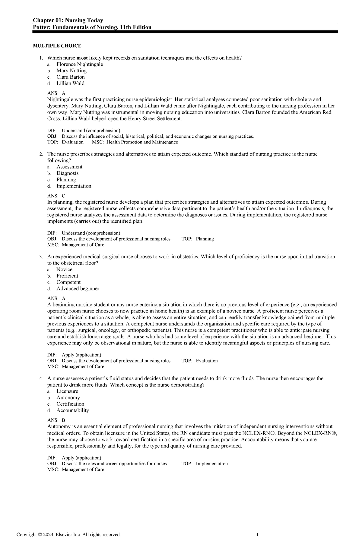 Exam View - Chapter 01 - N/A - Chapter 01: Nursing Today Potter ...