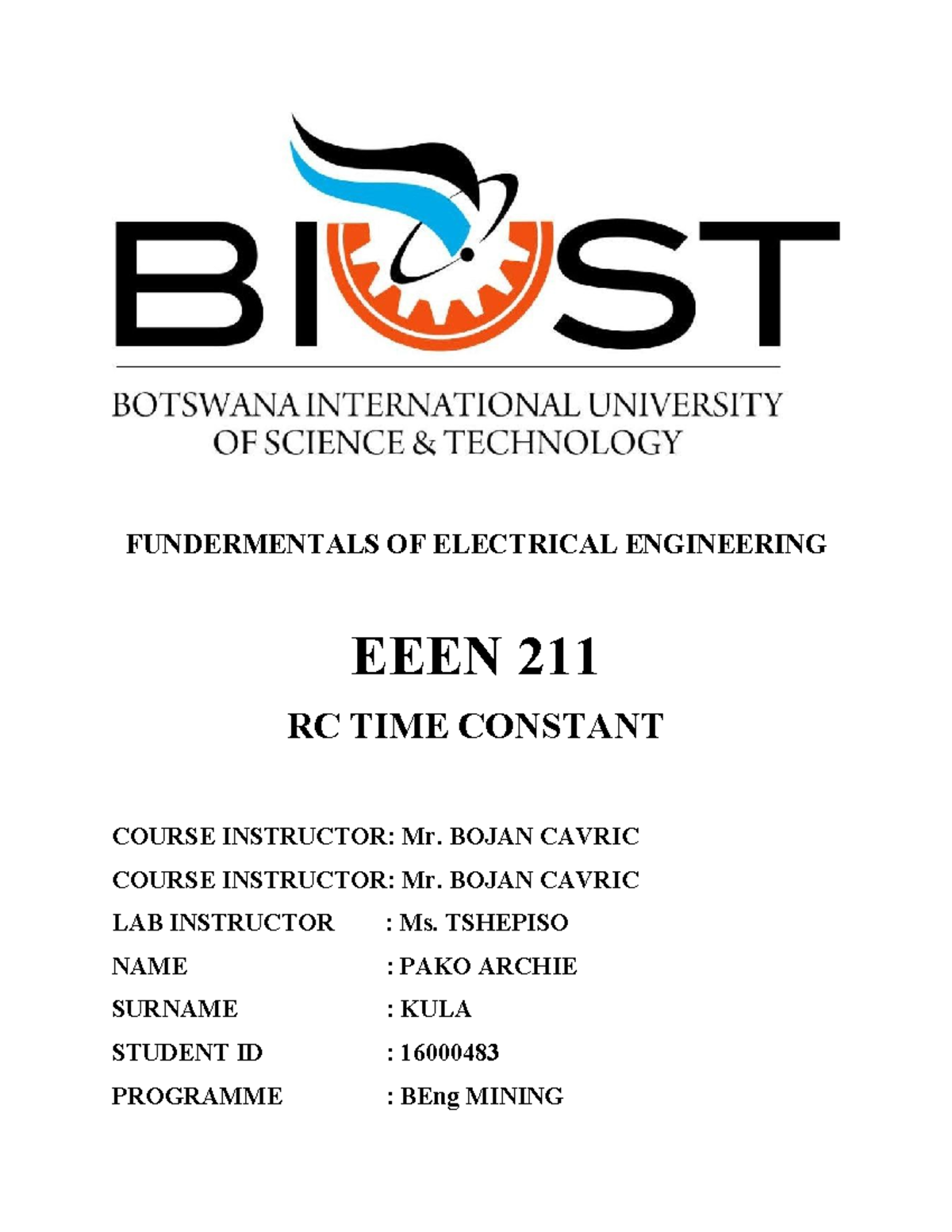 RC Time constant - FUNDERMENTALS OF ELECTRICAL ENGINEERING EEEN 211 RC ...
