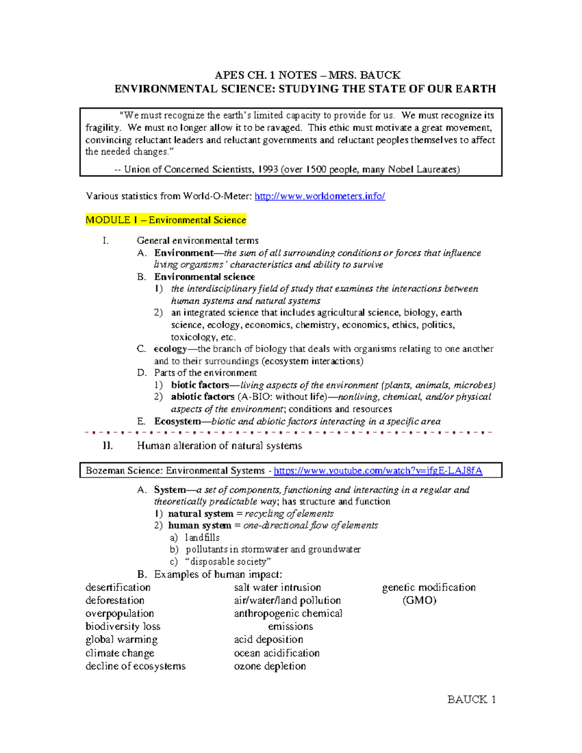 APES- Notes-1 - Notes For APES Unit 1 - APES CH. 1 NOTES – MRS. BAUCK ...