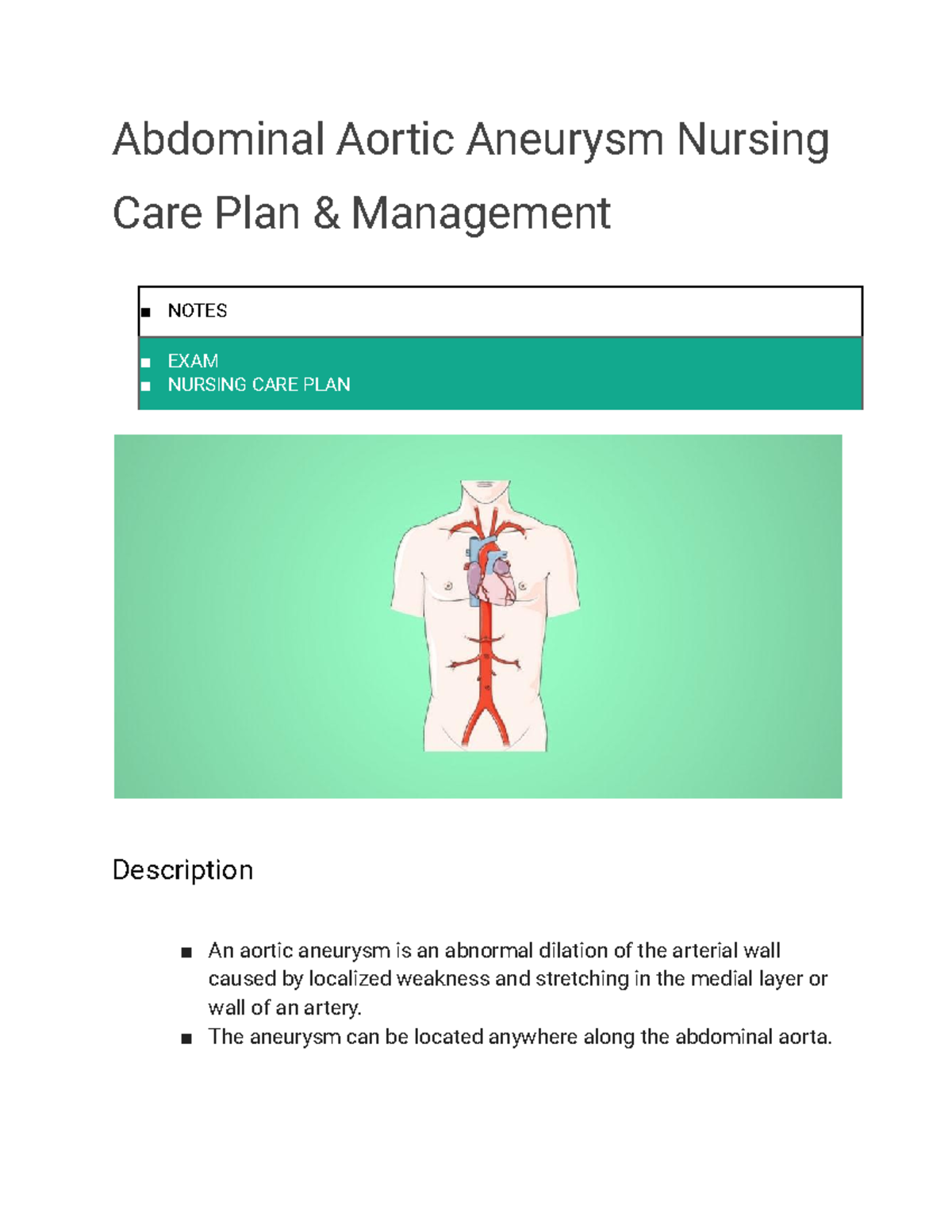 Untitled Document 27 Abdominal Aortic Aneurysm Nursing Care Plan And Management Notes Exam 5353