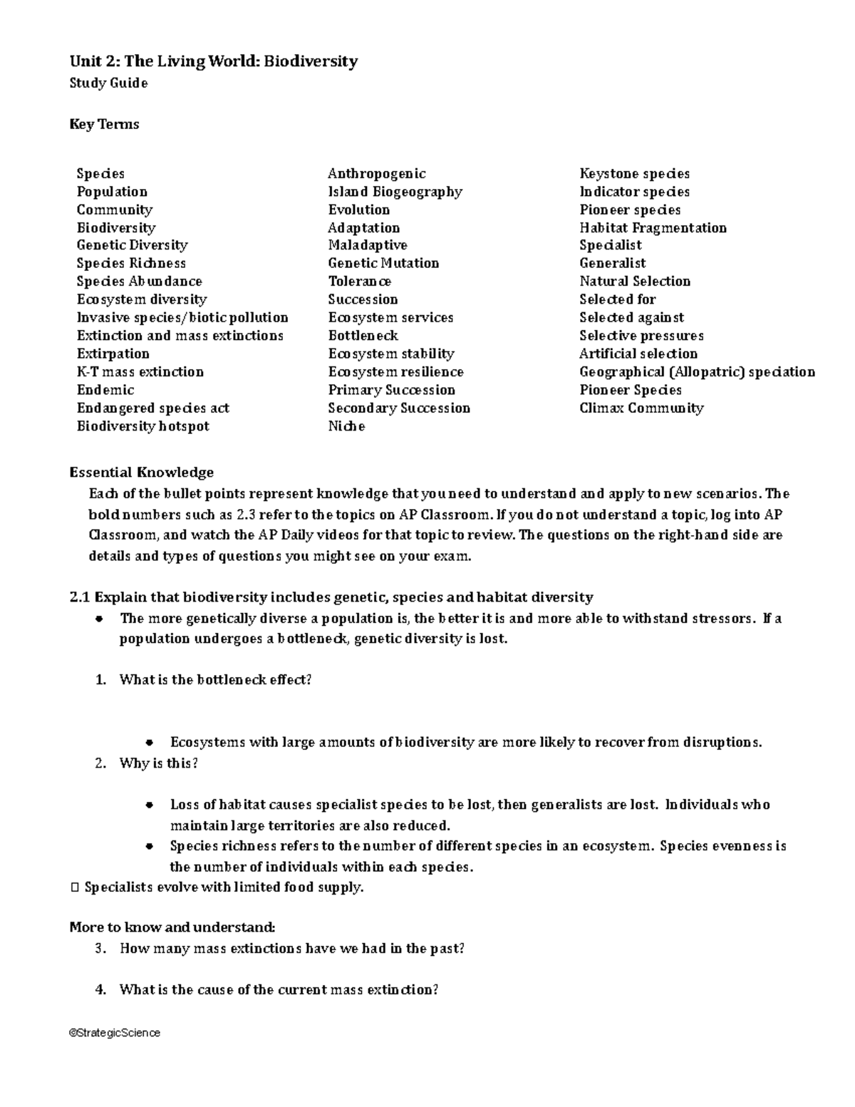 Unit+2+Study+Guide+Student - Unit 2: The Living World: Biodiversity ...