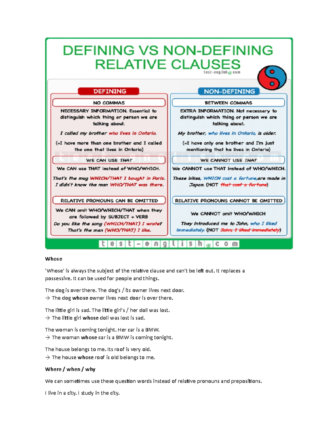Relative Pronouns And Clauses for practicing - Whose 'Whose' is always ...