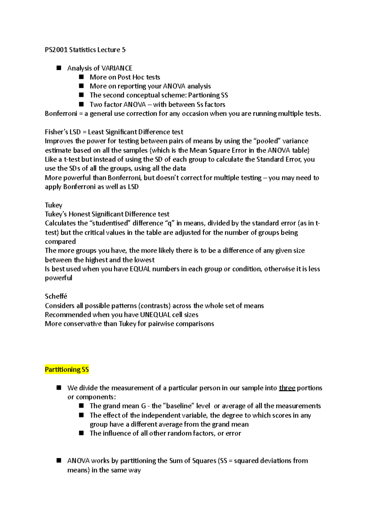 PS2001 Statistics Lecture 5 - Fisher’s LSD = Least Significant ...