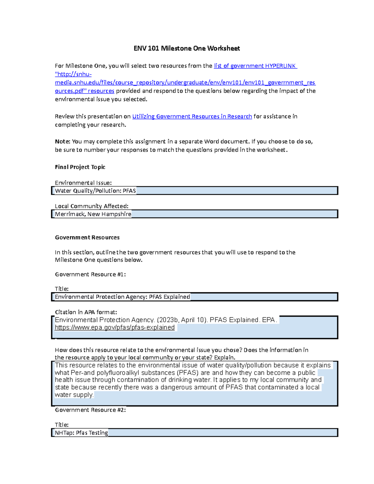 ENV 101 Milestone One Worksheet - ENV 101 Milestone One Worksheet For ...