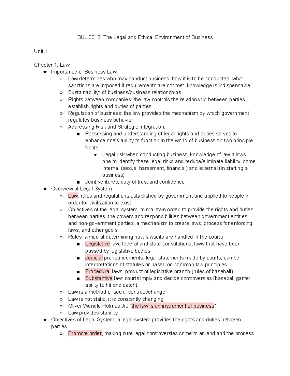 BUL 3310 Notes - BUL 3310: The Legal And Ethical Environment Of ...