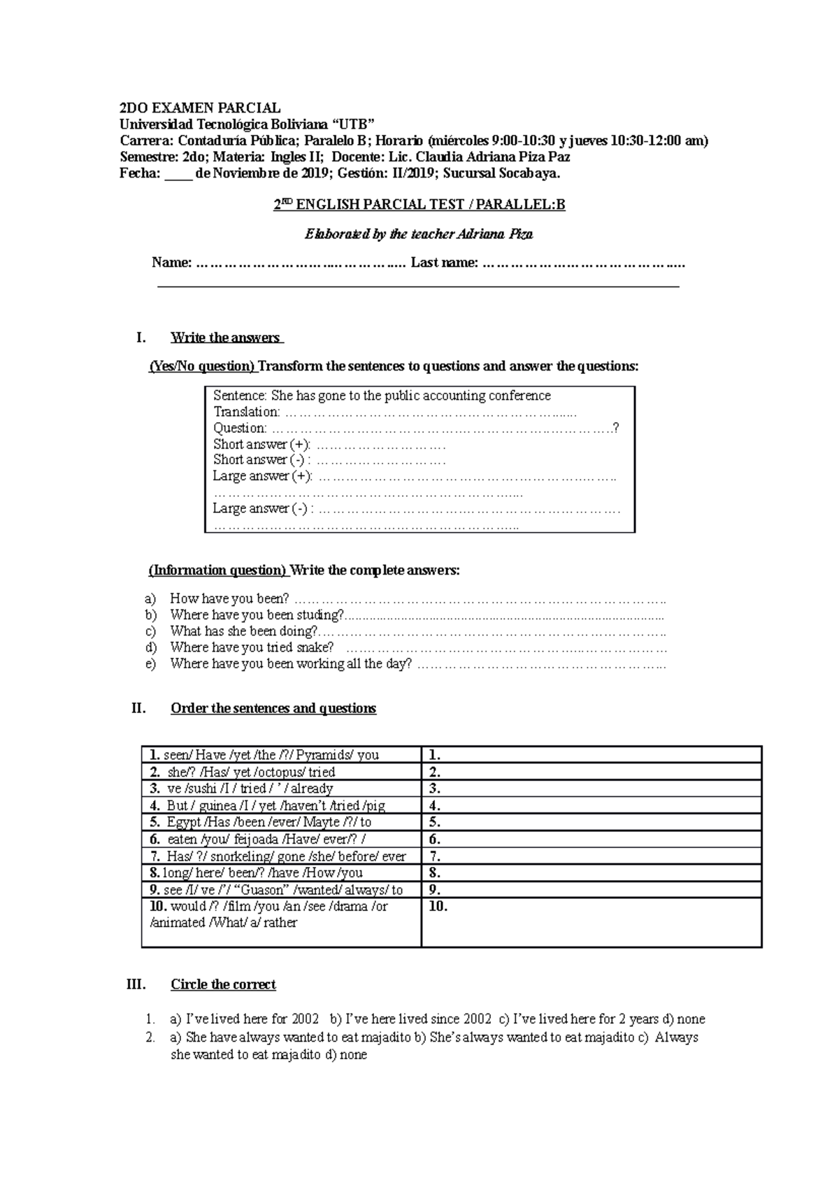 2DO Examen Parcial Ingles II Paralelo B Nov-19 LIC PIZA Socabaya - 2DO ...