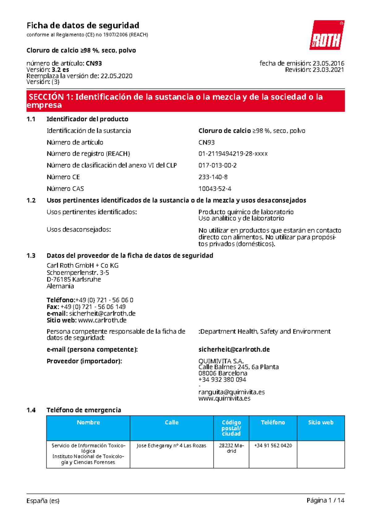 Cloruro de calcio Una ficha de