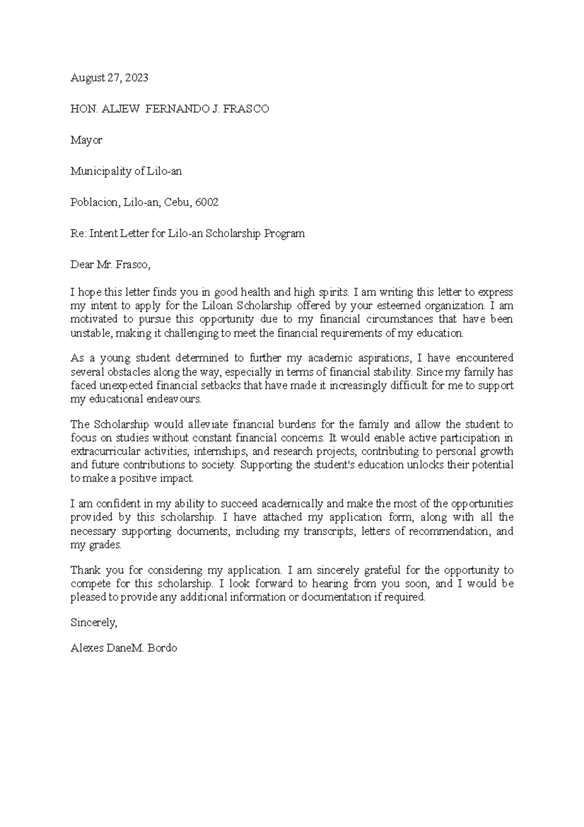 Dane-Intent - intent letter - August 27, 2023 HON. ALJEW FERNANDO J ...