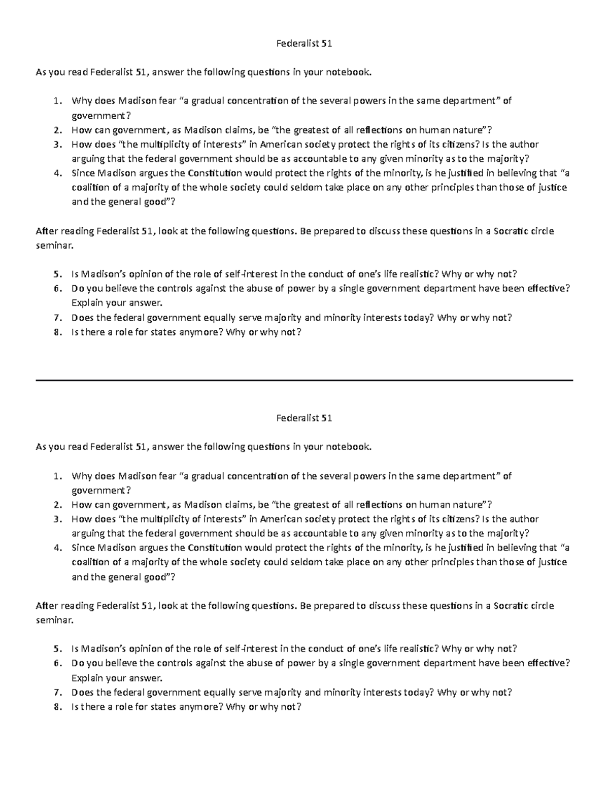 Gov - Federalist 51 Reading Questions - Federalist 51 As you read ...