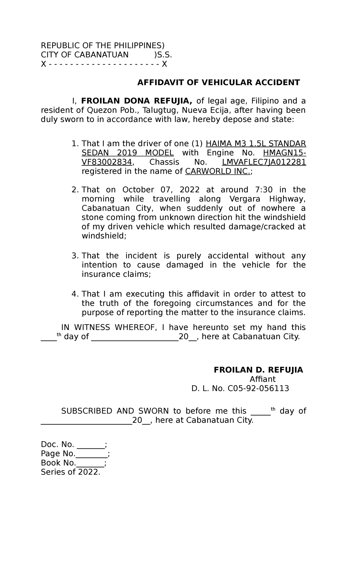 Compromise Agreement Sample Vehicular Accident Philippines