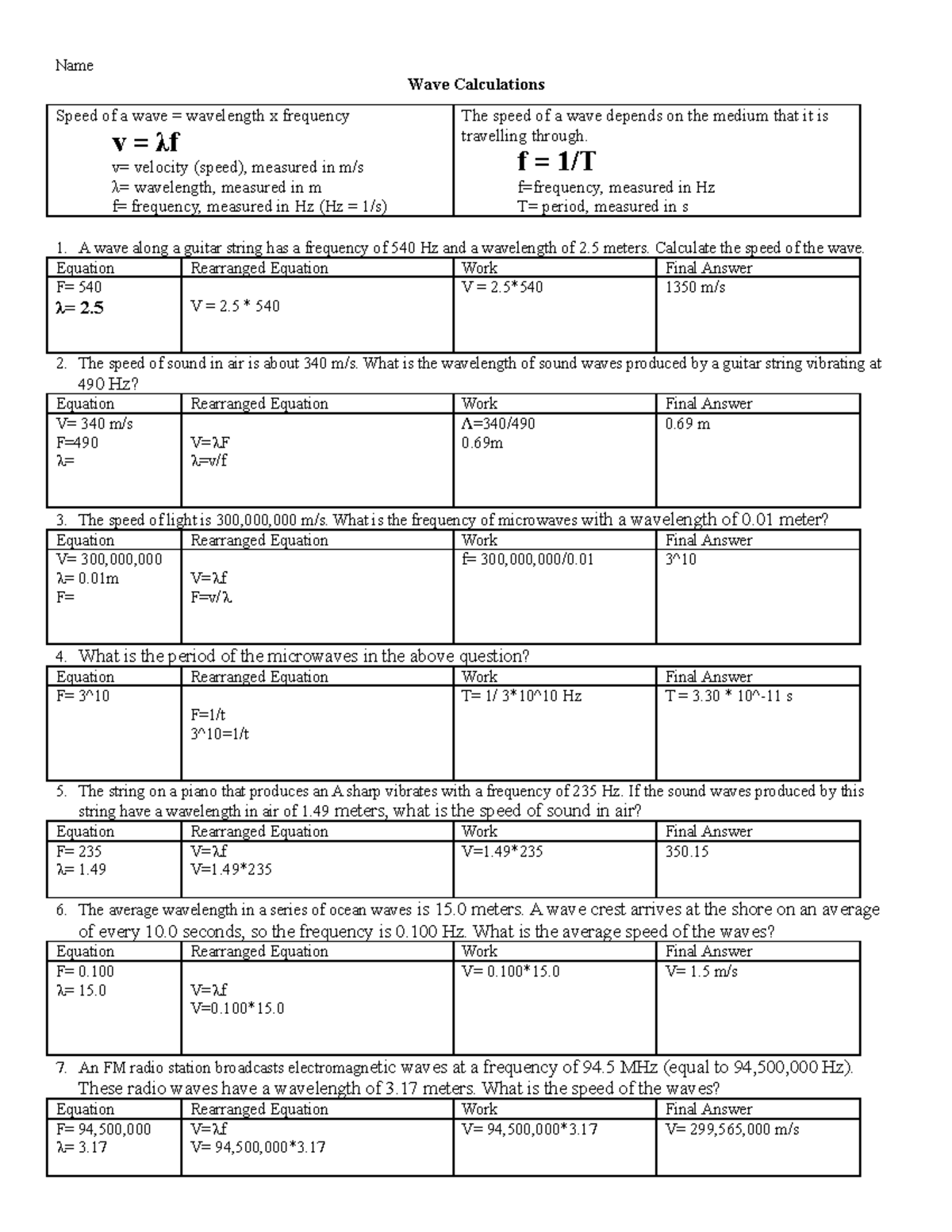 Wave calculations worksheet 12 13 - Name Wave Calculations Speed of a wave  = wavelength x frequency - Studocu