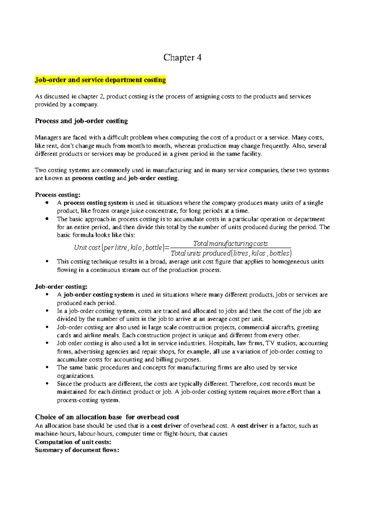 Chapter 4 notes - Resumé Management Accounting - Chapter 4 and service ...