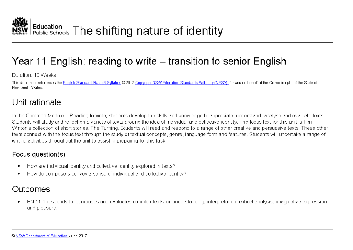 English year 11 read to write common module program - The shifting ...