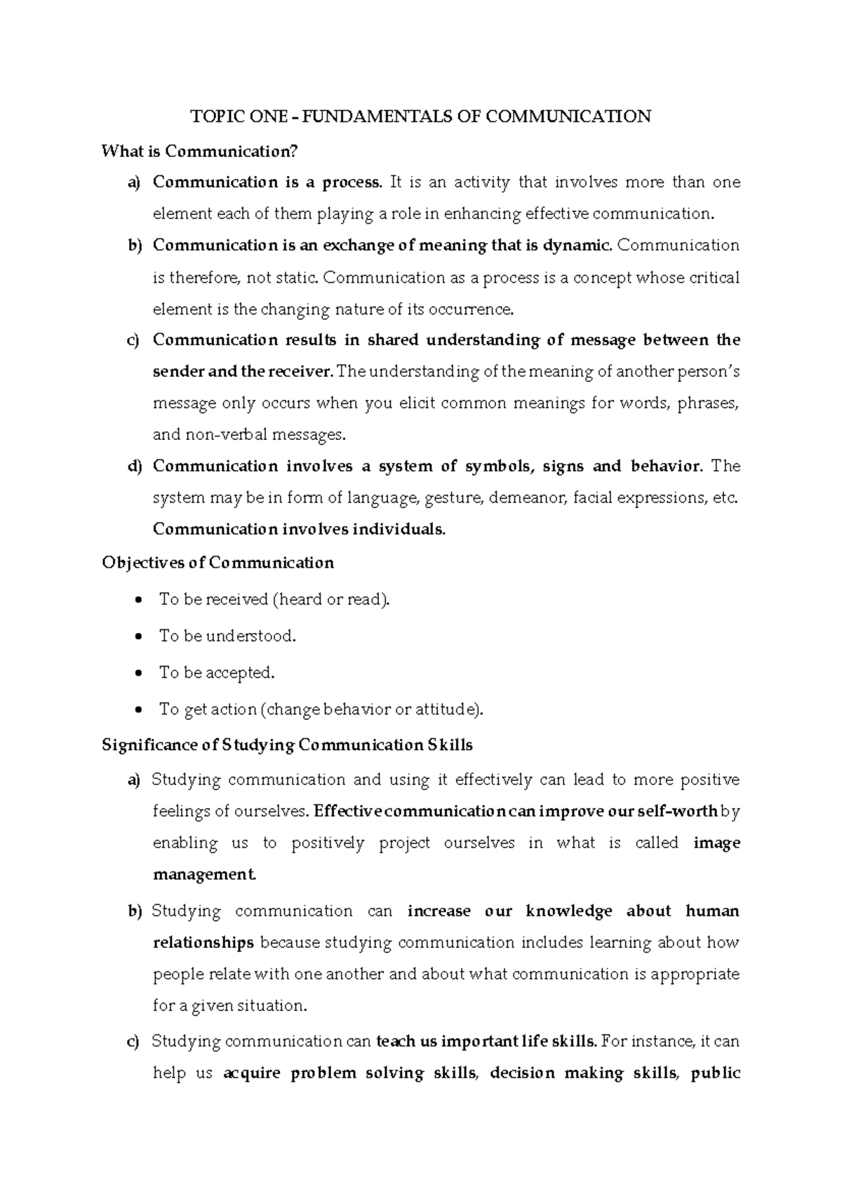 COMM Summary - TOPIC ONE - FUNDAMENTALS OF COMMUNICATION What is ...