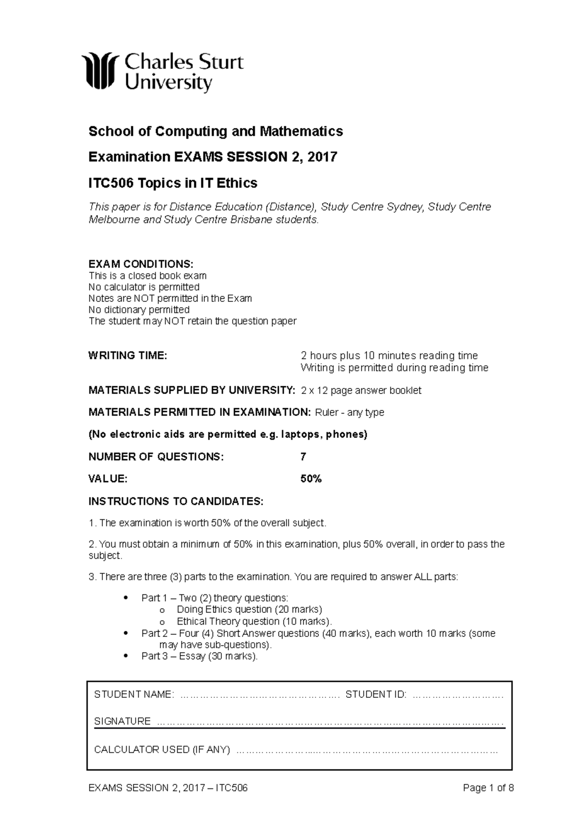 Exam 2 2017, Answers - School Of Computing And Mathematics Examination ...